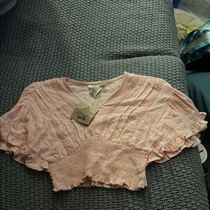 Angie Pink Ruffled Smocked Crop Blouse